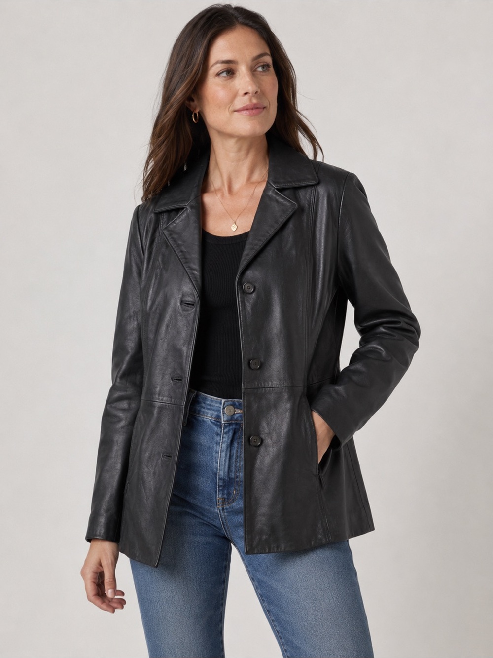 New York & Company Women’s Black Leather Jacket Button Front Tailored Blazer L